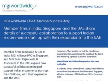 A successful collaboration between MGI Worldwide CPAAI members in India, Singapore and the UAE has helped Indian start-up expand its business!